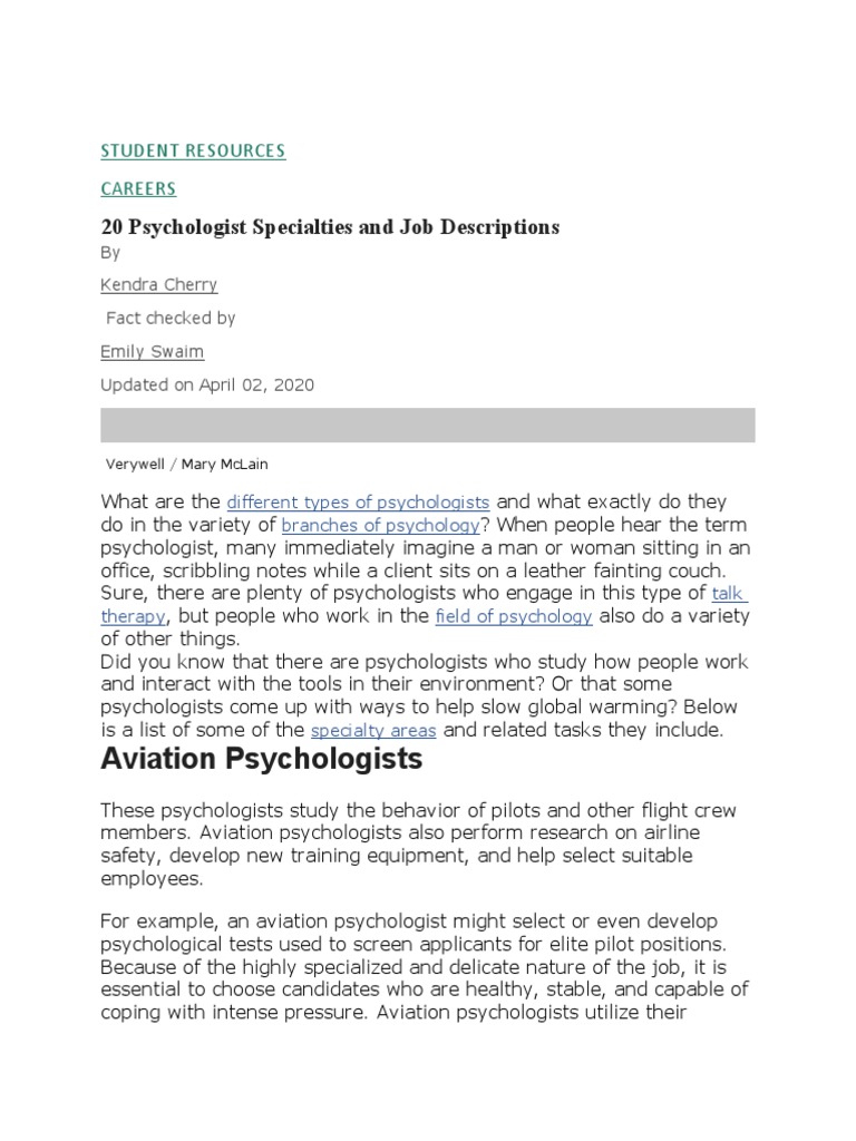 Aviation Psychologists 20 Psychologist Specialties and Job Descriptions PDF Clinical