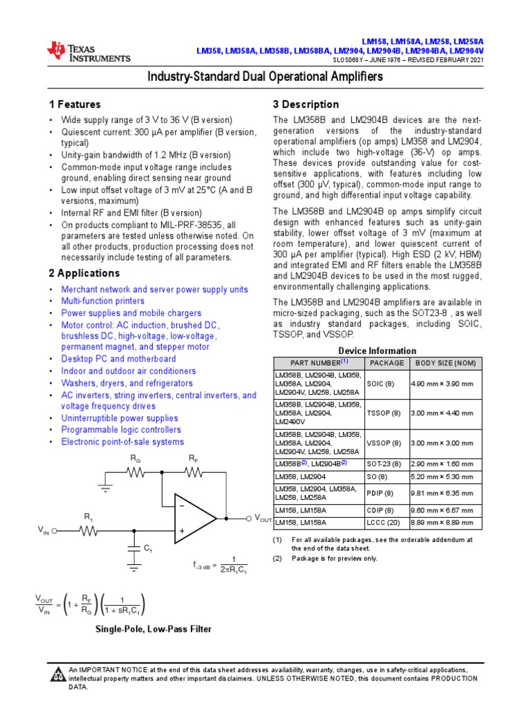 IndustryStandard Dual Operational Amplifiers 1 Features 3 Description