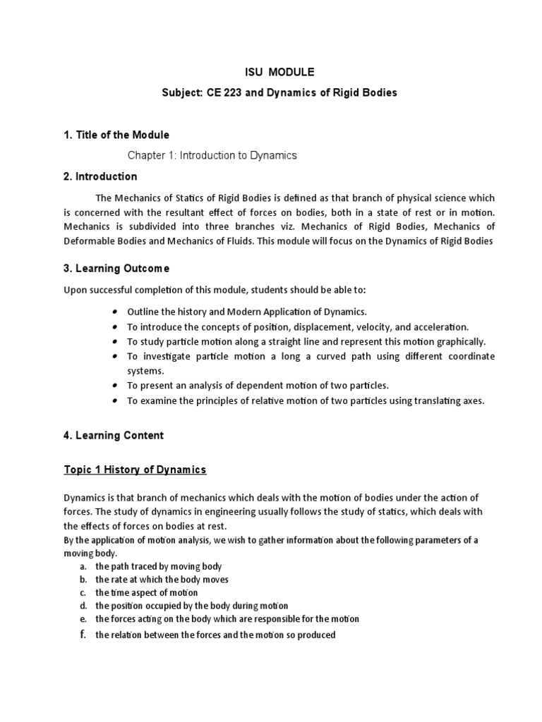 Isu Module Subject: CE 223 and Dynamics of Rigid Bodies | PDF ...