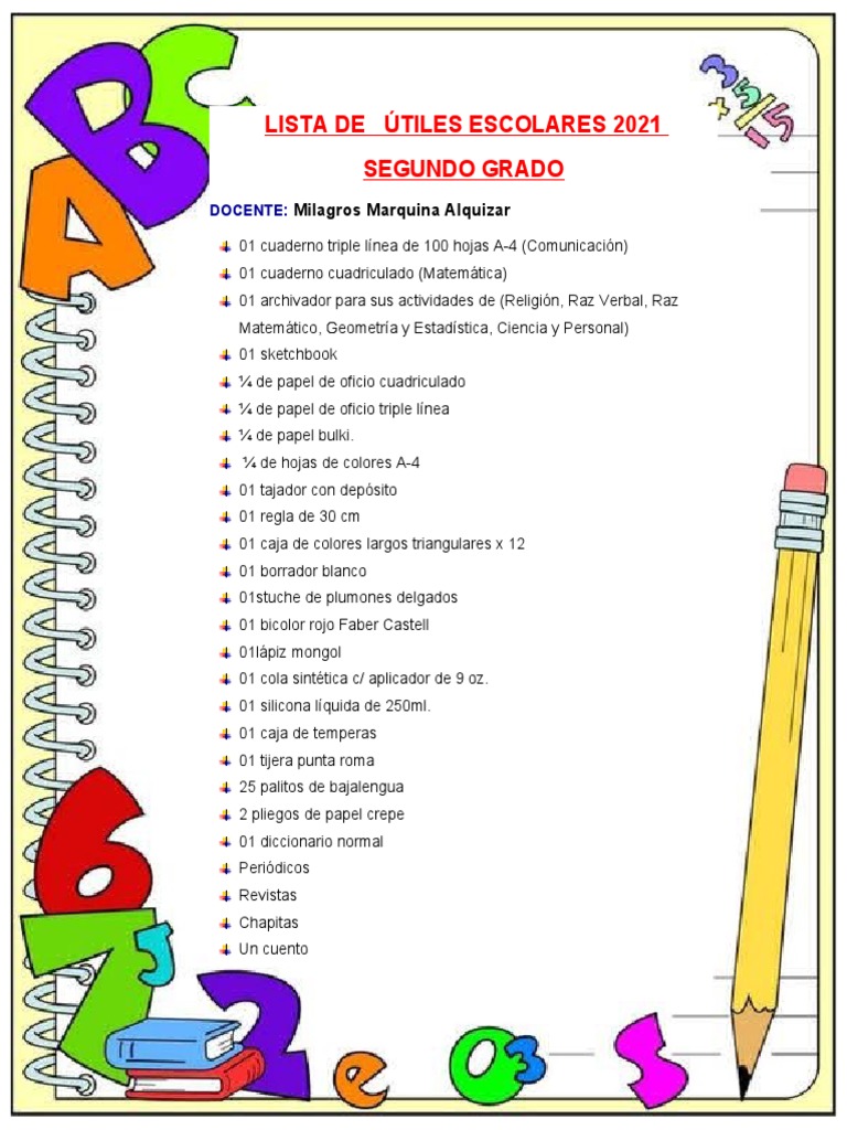 Lista de Útiles Escolares 2021 - 2do Grado | PDF