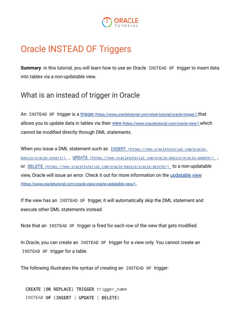 Oracle INSTEAD OF Triggers by Practical Examples PDF Computer