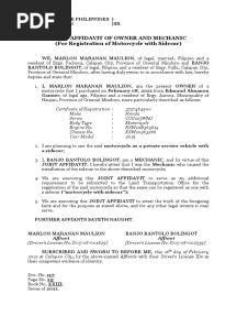 Joint Affidavit of Owner and Mechanic (For Registration of Motorcycle With Sidecar)