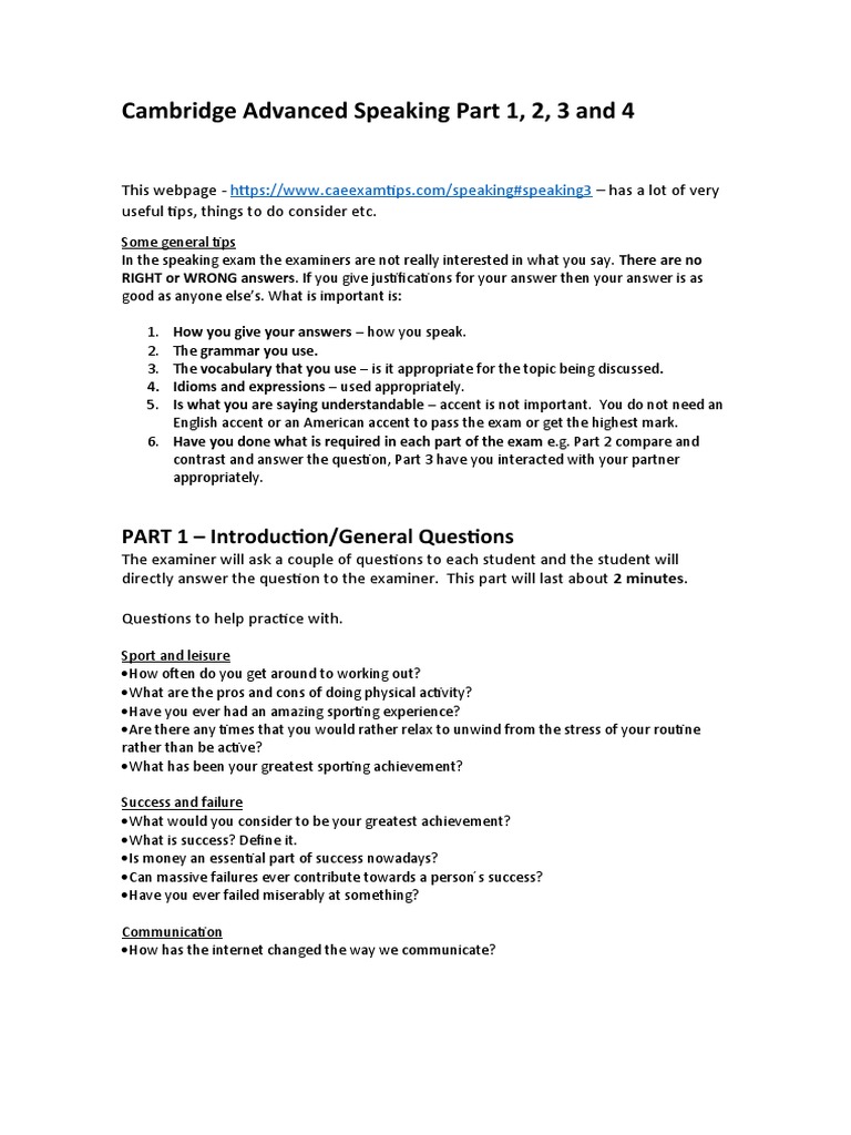 Cambridge Advanced Speaking Part 1, 2, 3 and 4: PART 1 - Introduction ...