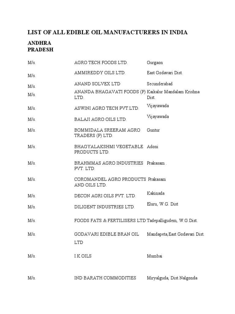 List of All Edible Oil Manufacturers PDF Food Industry Foods