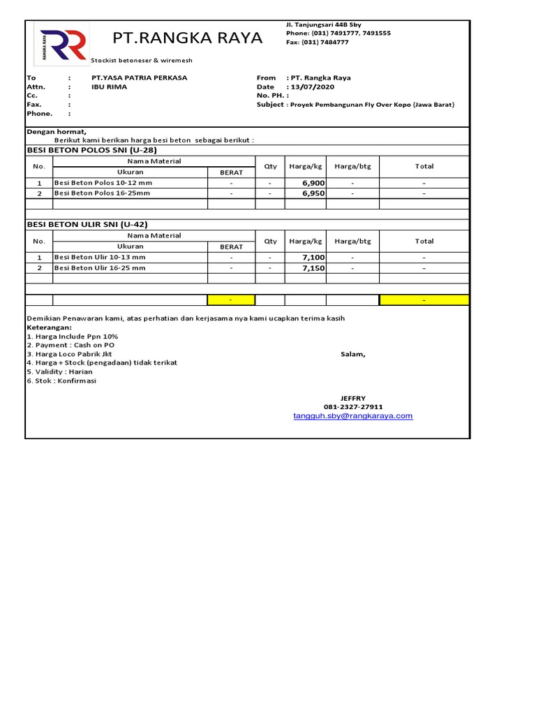 Penawaran Harga Besi Beton Rangka Raya | PDF
