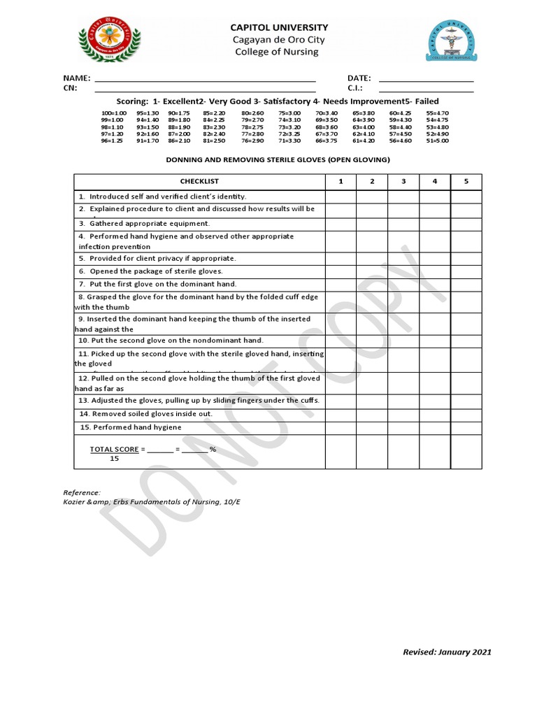 Checklist Donning & Removing Gloves PDF Hand Glove