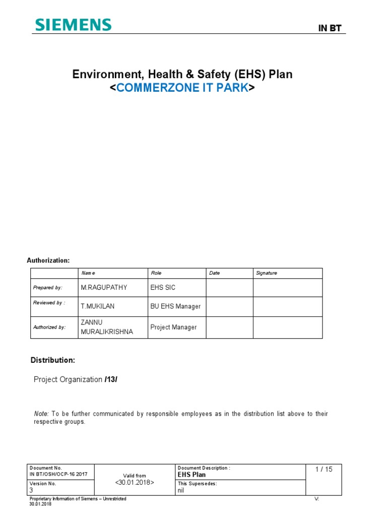 EHS Plan - Siemens | PDF | Risk Assessment | Occupational Safety And Health