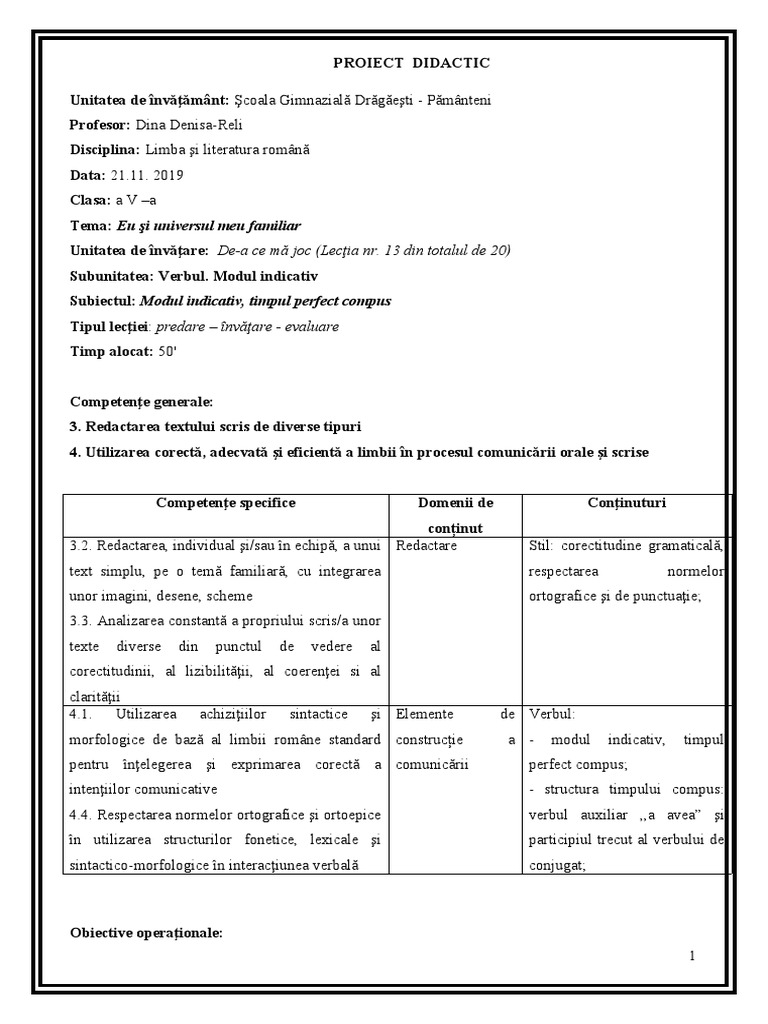 Proiect Clasa A Va Modul Indicativ Timpul Perfect Compus | PDF