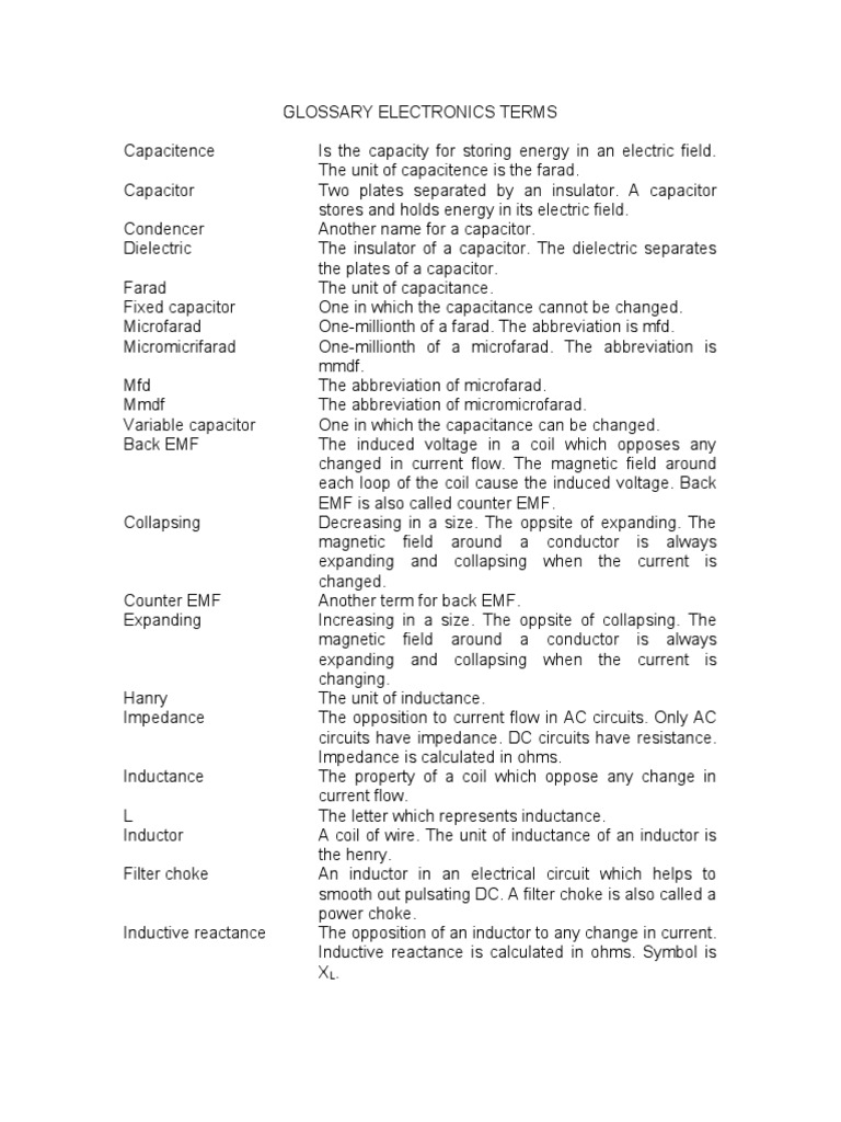 Glossary Electronics Terms | PDF | Vacuum Tube | Inductor