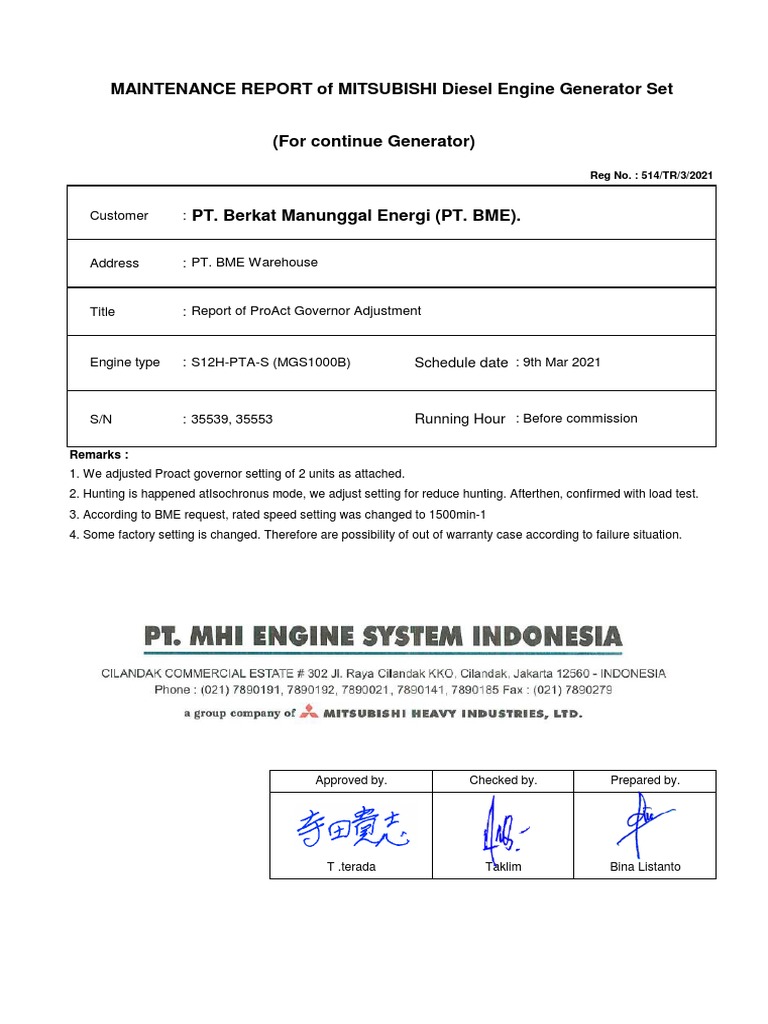 Mitsubishi Diesel Engine Maintenance Report | PDF | Manufactured Goods