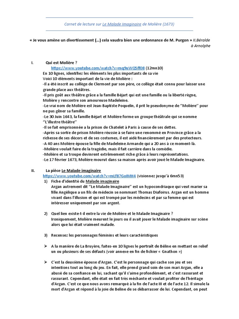Fiche Sur Le Classicisme 2nde Pdf Carnet de Lecture MI Fiche Élève | PDF | Molière | Classicisme
