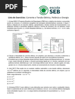 LISTA de EXERCÍCIOS - 3º Anos - Corrente, Tensão, Potência e Energia