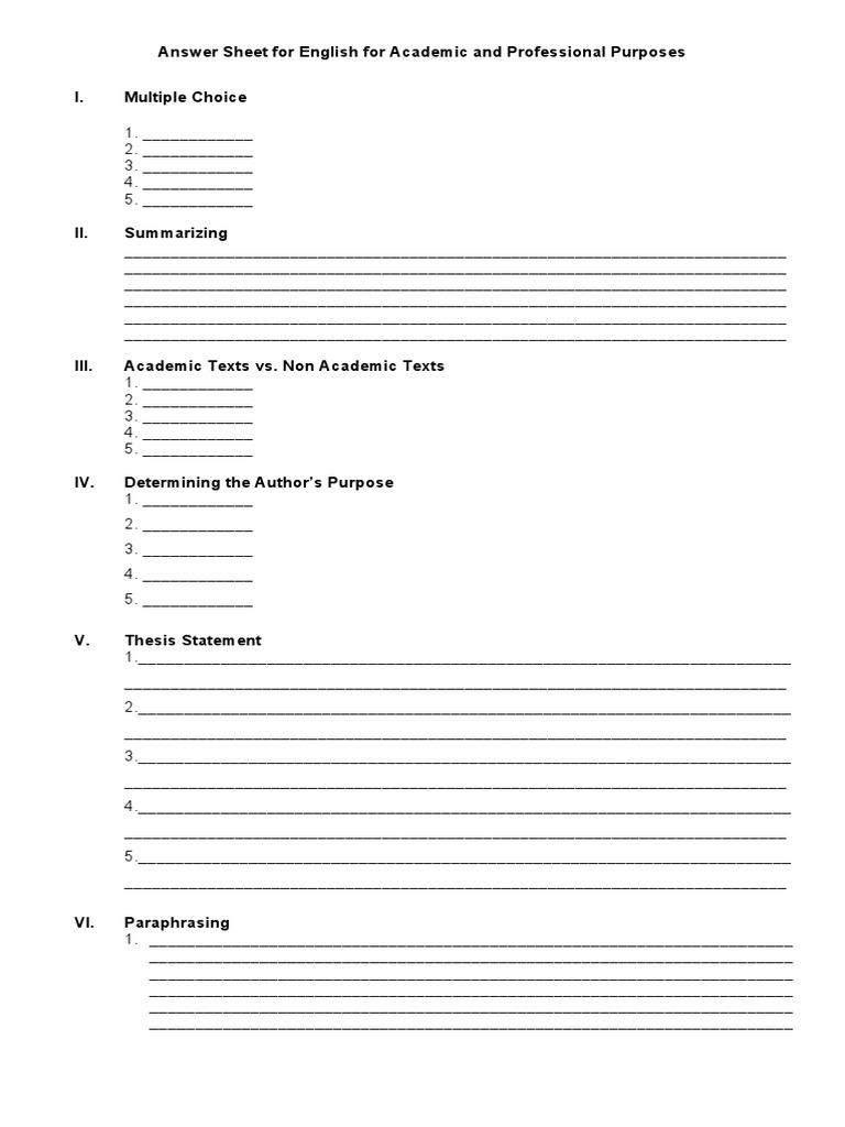 Answer Sheet for English Academic & Professional Purposes PDF