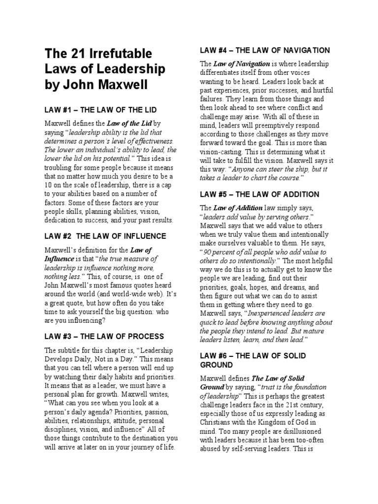 21 Irrefutable Laws of Leadership by John Maxwell | PDF | Leadership ...