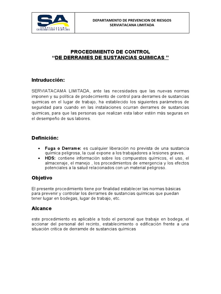 Procedimiento de Control de Derrames de Sustancias Quimicas | PDF ...