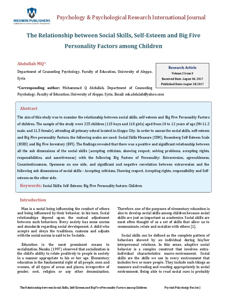 The Relationship Between Social Skills, Self-Esteem and Big Five ...