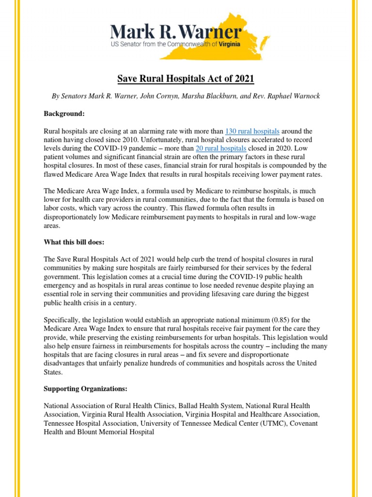 Save Rural Hospitals Act of 2021 One Pager | PDF | Medicare (United ...
