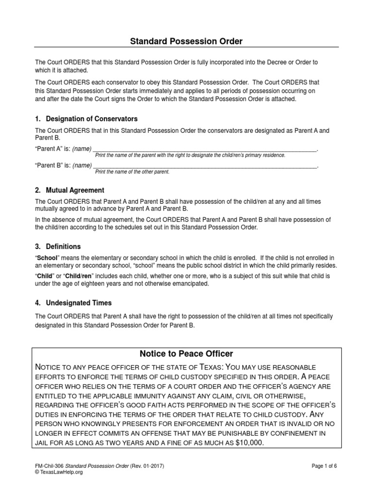 FM Chil 306 Standard Possession Order 0 | PDF | Workweek And Weekend ...