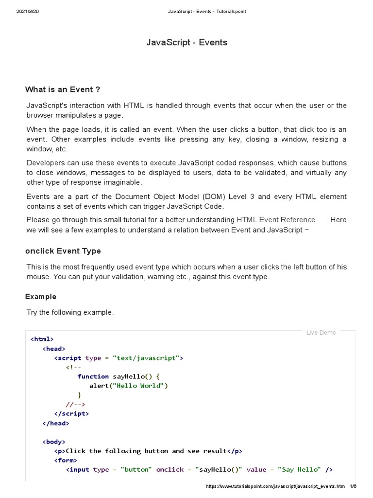JavaScript - Events - Tutorialspoint | PDF | Java Script | Button ...
