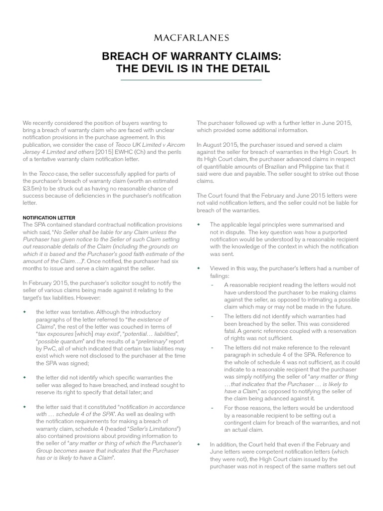 Breach of Warranty Claims The Devil Is in The Detail PDF Limited Liability Partnership Law