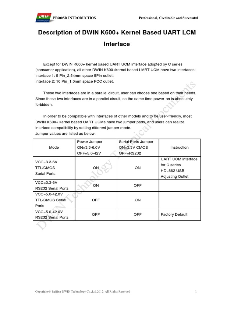 Description of DWIN K600+ Kernel Based UART LCM Interface | PDF