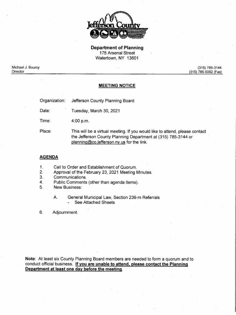 Jefferson County Planning Board Agenda March 30 PDF