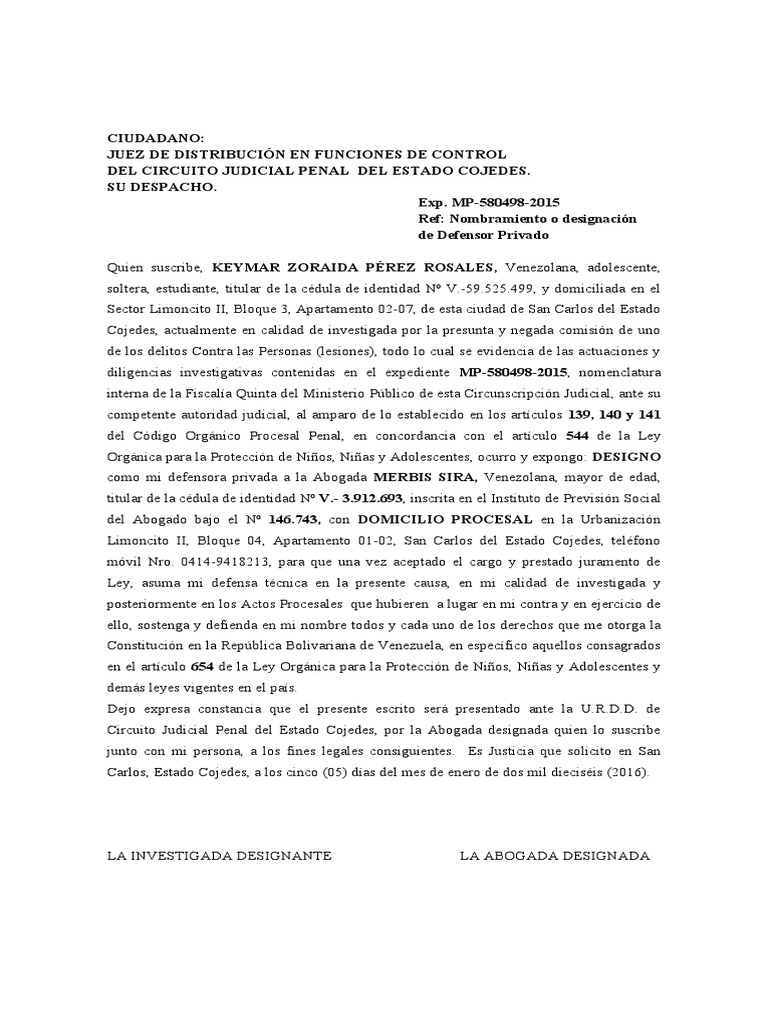 Escrito Nombramiento Defensor Privado Adolescente | PDF | Venezuela |  Derecho penal