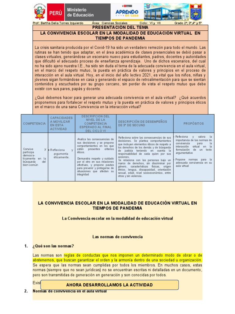 Normas de Convivencia en El Aula Virtual 3º | PDF | Salón de clases ...