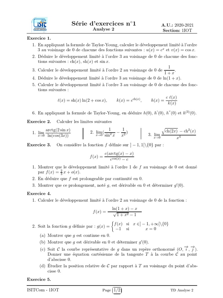 Exercices Développement Limité Analyse 2 PDF Courbe Tangente — free download