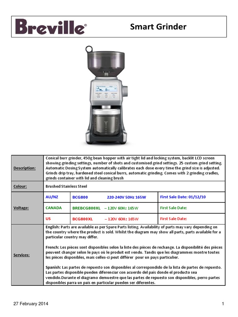 Breville BCG800XL PDF Manufactured Goods