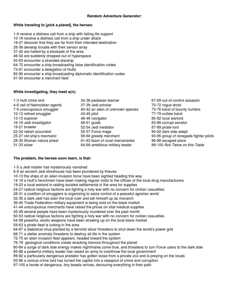 Star Wars Random Adventure Generator | PDF | Jedi | Piracy