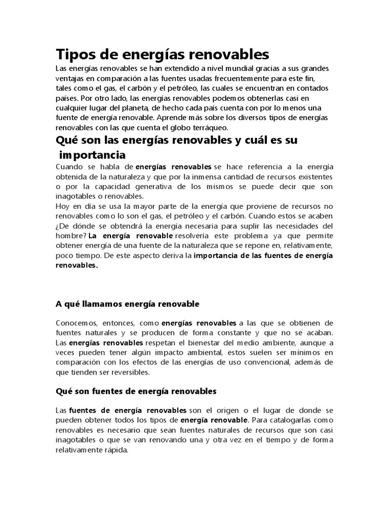 Tipos de Energías Renovables Explicadas | PDF | Energía renovable ...