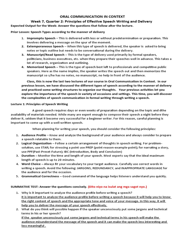 oral communication quarter 2 principles of speech delivery