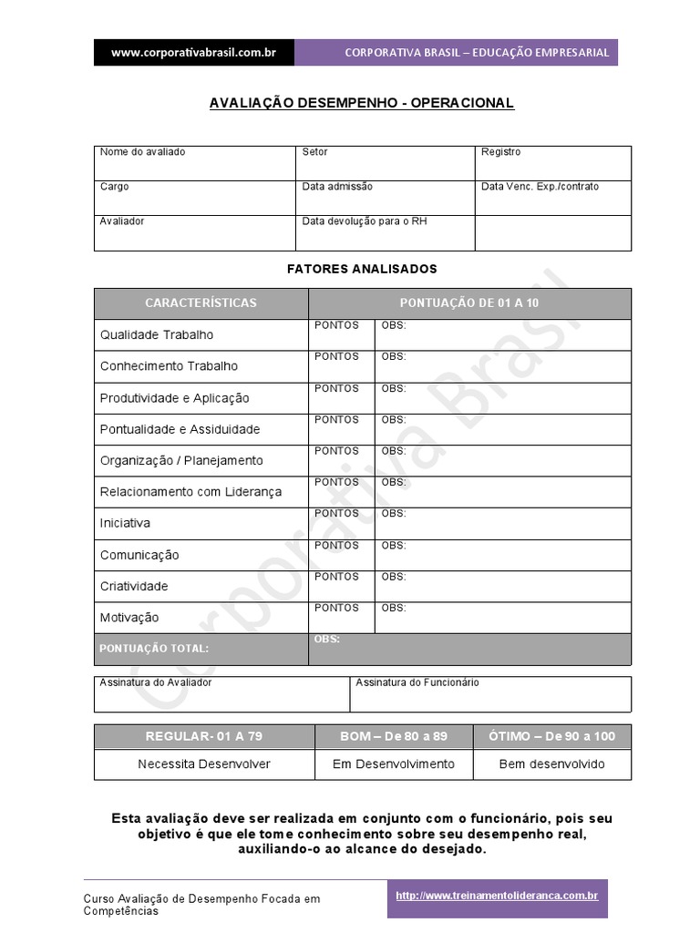 Avaliação de Desempenho Formulario Operacional para avaliação de desempenho Business