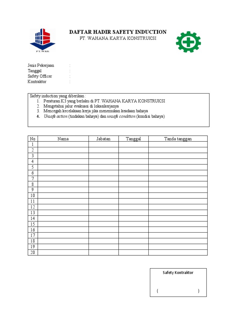 Daftar Hadir Safety Induction | PDF