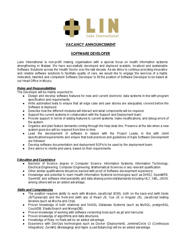 Vacancy Announcement Software Developer Roles And Responsibilities