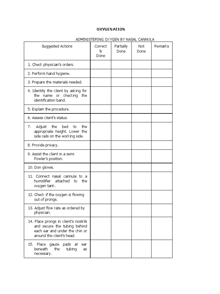 Checklist in Oxygen Therapy PDF Nature