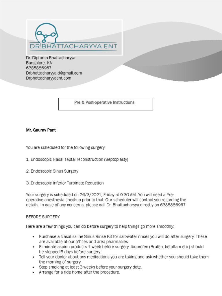 Pre & Post-Operative Instructions | PDF | Human Nose | Surgery