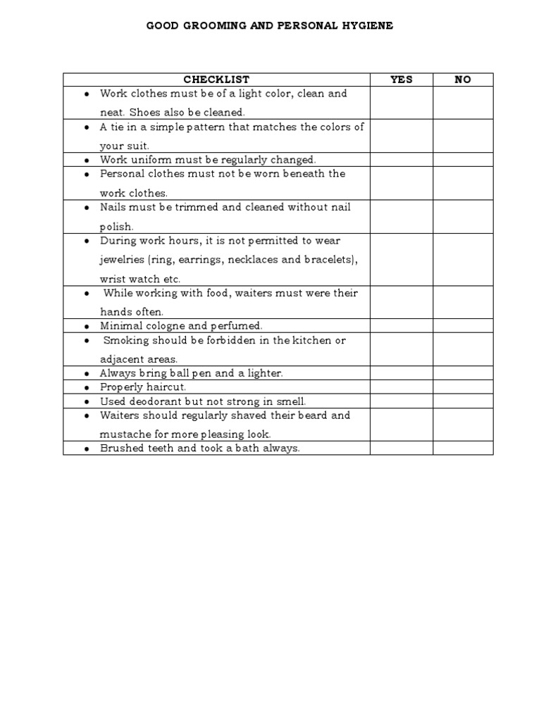 Grooming and Hygiene Checklist for Staff | PDF