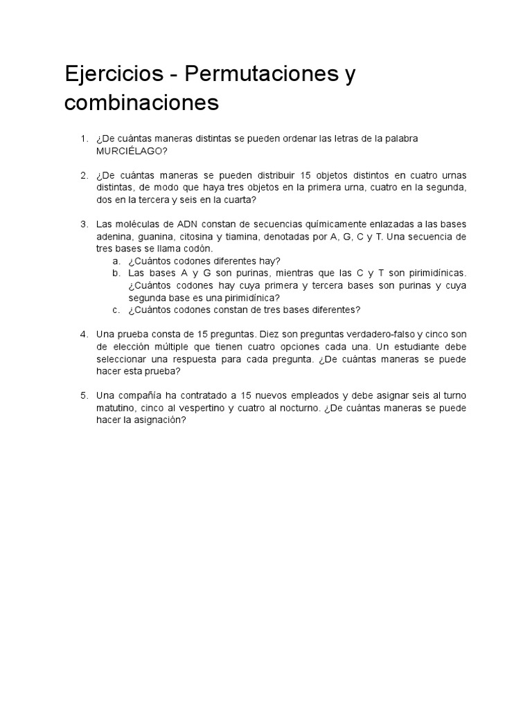 Ejercicios de Permutaciones y Combinaciones | PDF | Salud y bienestar