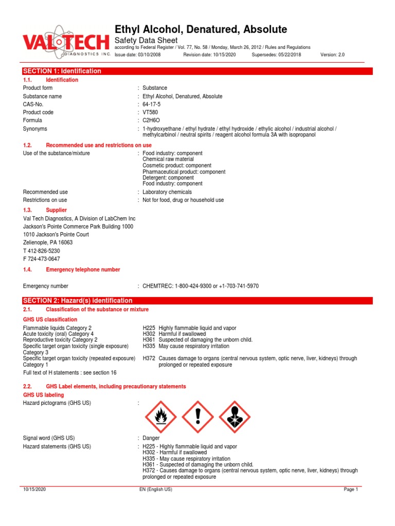 Ethyl Alcohol, Denatured, Absolute Safety Data Sheet PDF