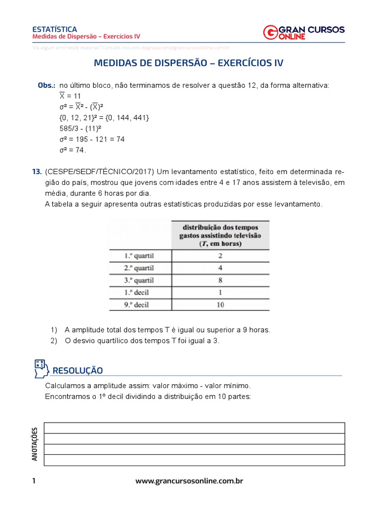 41 - Medidas de Dispersão - Exercícios IV | PDF | Coeficiente de ...