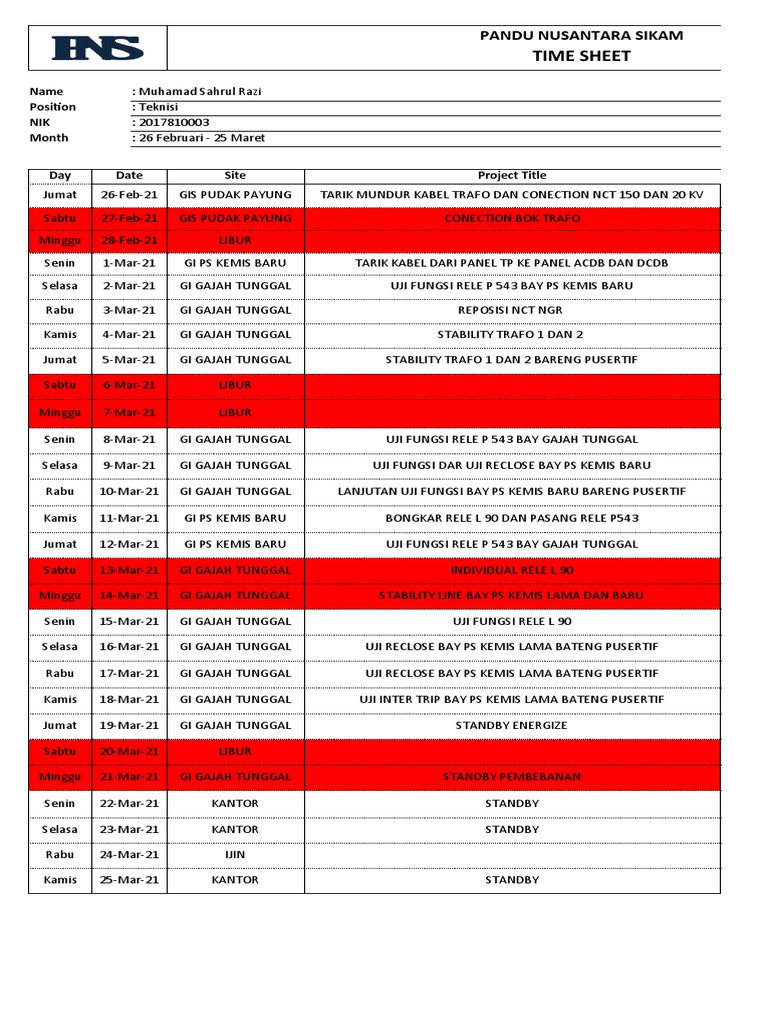 Time Sheet - PNS - Sahrul | PDF