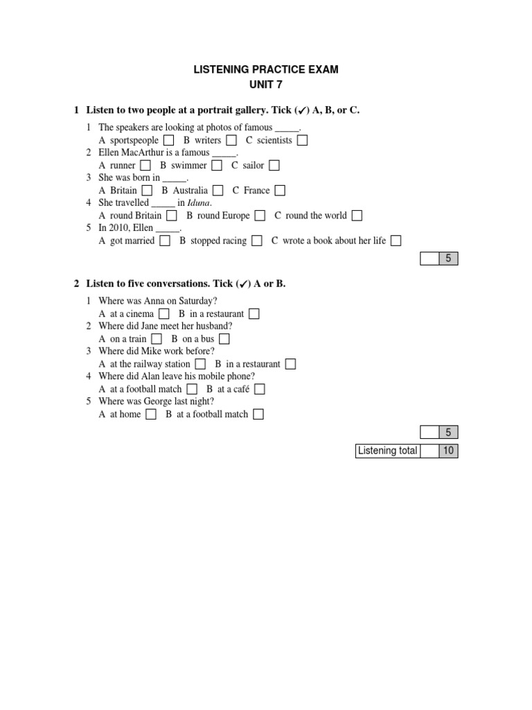 Listening Practice Exam: Unit 7 | PDF
