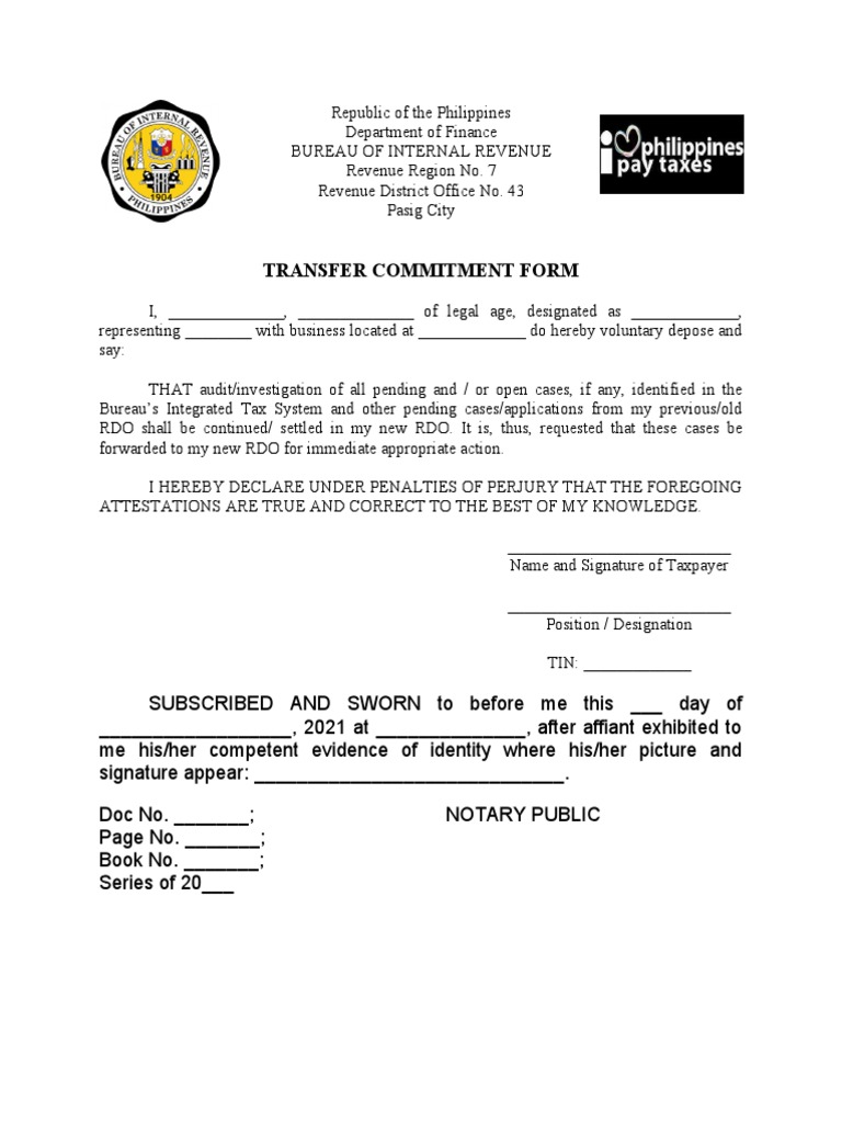 Transfer commitment form pdf