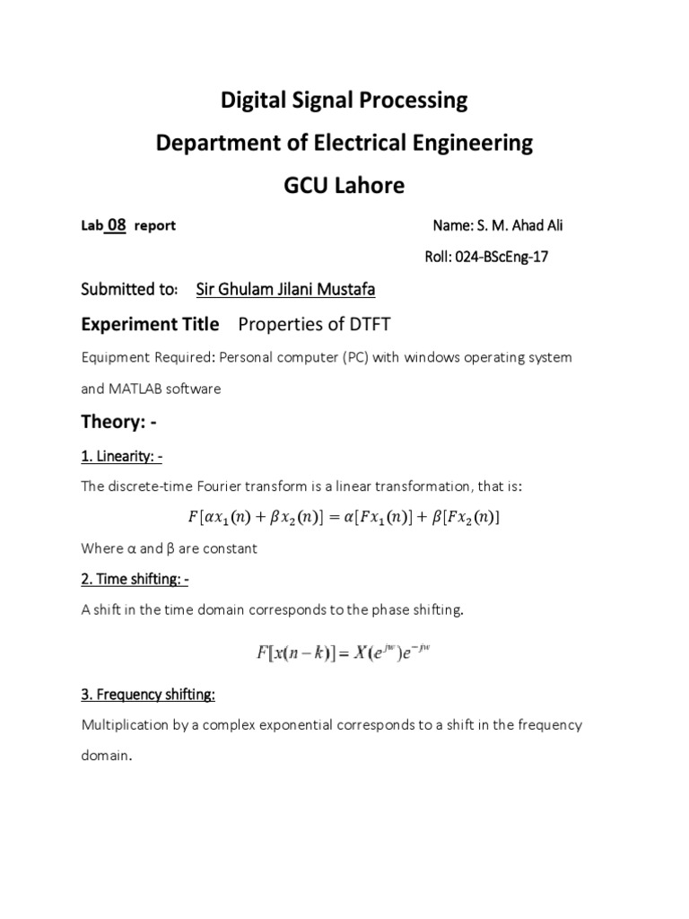 Digital Signal Processing Department of Electrical Engineering GCU