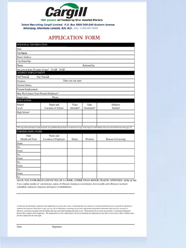 Cargill Job Application Form PDF