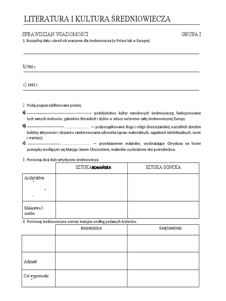 Sprawdzian Ze średniowiecza Klasa 1 Liceum