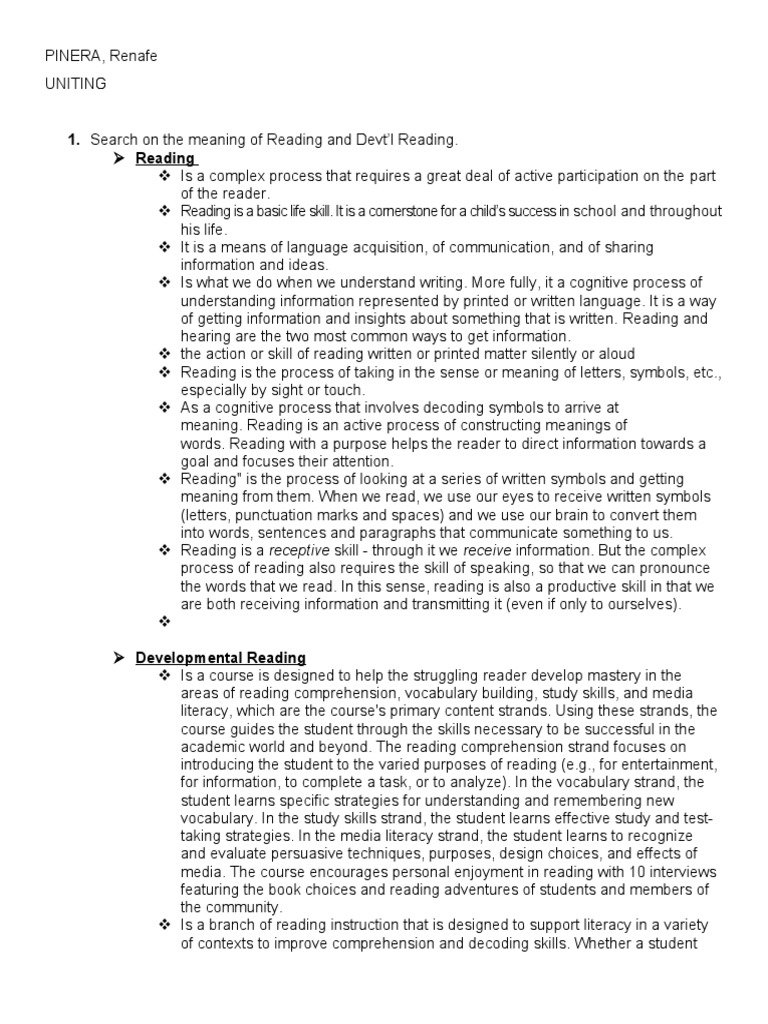 Meaning of Reading and Devt'l Reading PDF Reading Comprehension