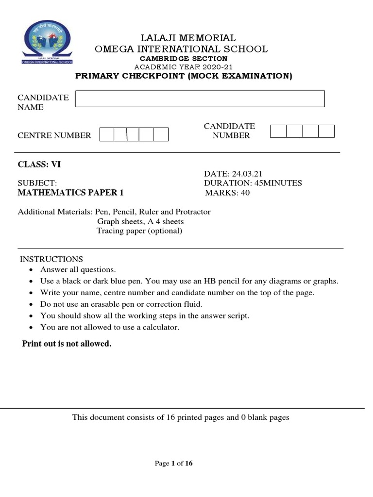 Grade 6-Ca2 (Mock) Math Paper 1-2020-21 | PDF